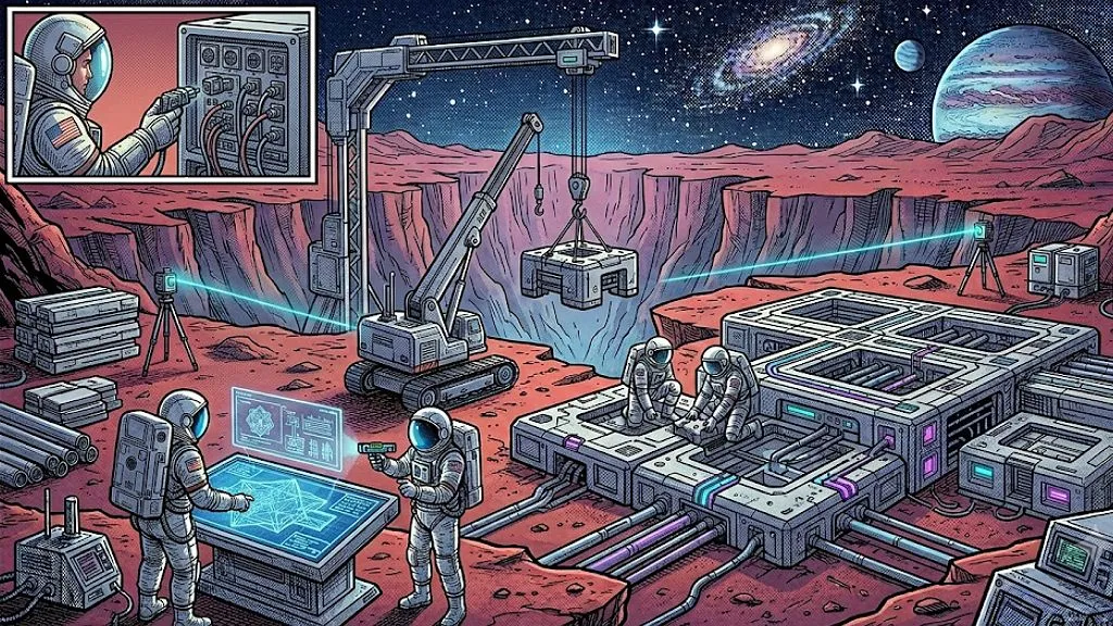 An astronaut building a strong foundation for a building on Mars