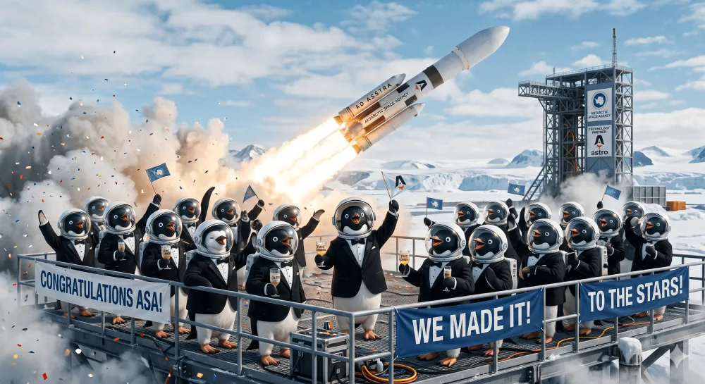 Penguins celebrating the launch of their latest rocket