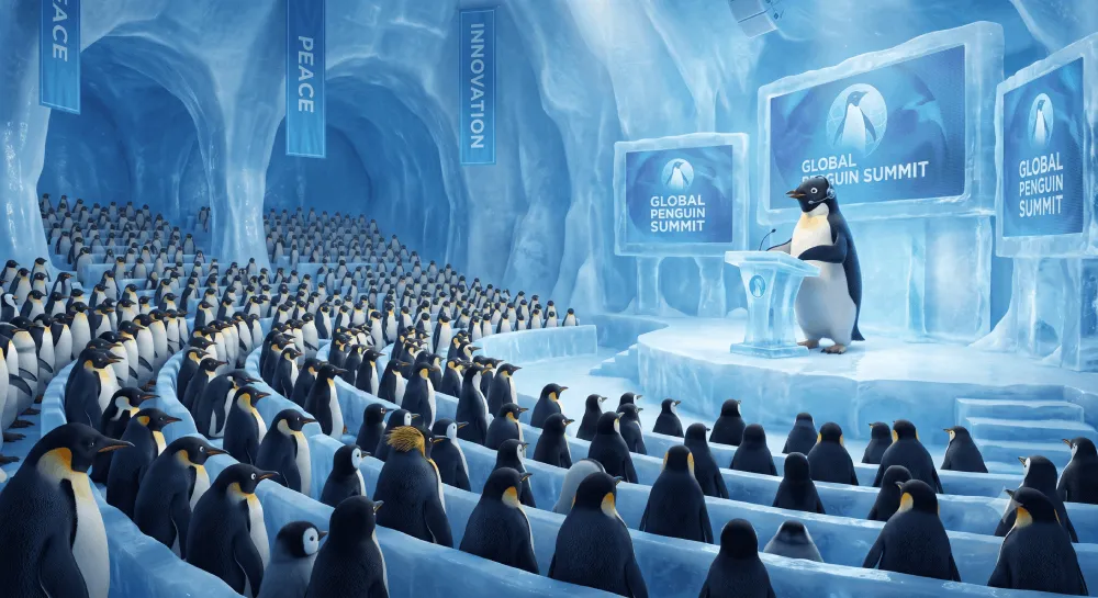Penguins listening to a speaker